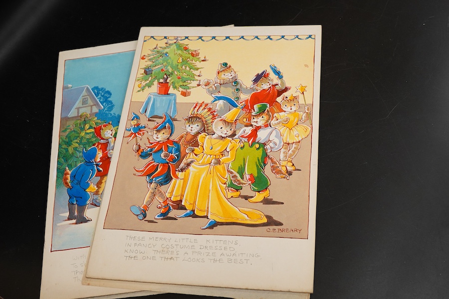 Gertrude Breary, Set of six original watercolours for children's postcard designs, Humourous cats, to include, Toboganning and Carol Singing, each signed, unframed, watercolours on card, 27 x 19cm